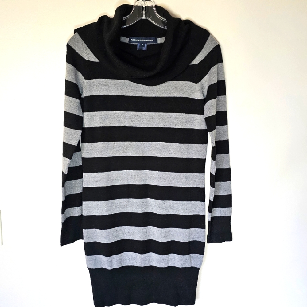 French Connection Striped Cowl Neck Sweater Dress Size Small Wednesday Addams